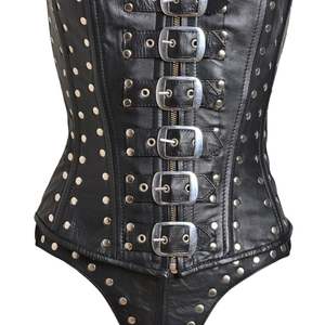 <b>Black</b> PU Leather <b>Corset</b> <b>Dress</b> With Studs And Buckles Strapless Bodycon Club Wear Adult Outfit - Product Image 5