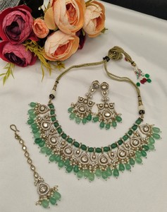 Conjunto de Joyería Polki Kundan con Cuentas Verde Pastel, 3 Piezas, Joyería Étnica para Mujer, para Bodas y Fiestas, Venta al por Mayor, Joyería Tradicional India para Novias - Product Image 1