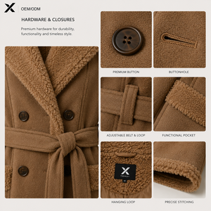 Women's Faux Shearling Woolen Mix <b>Long</b> Winter Trench <b>Coat</b> Belted Double Breasted Warm OEM ODM - Product Image 5
