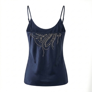Women's Navy Blue Satin Spaghetti Strap Camisole With Rhinestone <b>Beading</b> Scoop Neck Elegant <b>Top</b> - Product Image 2