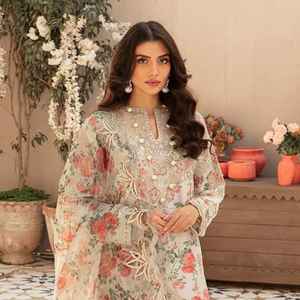 High Quality Export Women's Salwar Kameez <b>Indian</b> & Pakistani Summer Dress Hand Drawn Design Lawn <b>Fabric</b> for Formal Occasions - Product Image 4