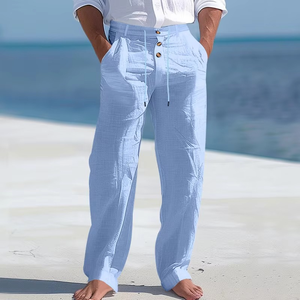 Men's Casual <b>Pants</b> Trousers Solid Color <b>Linen</b> Loose <b>Drawstring</b> Button Men's <b>Linen</b> Trousers - Product Image 5