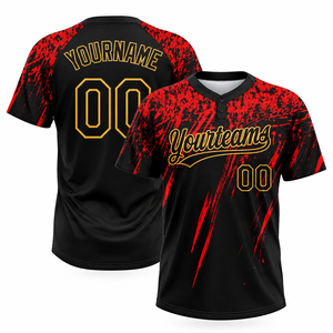 Camiseta de Béisbol Sublimada Personalizada 100% Poliéster, Manga Corta, Diseño Negro con Salpicaduras Rojas, Dos Botones, Nombre y Número del Equipo para Prácticas - Product Image 1