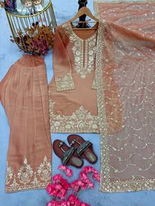 TENNECY Launching Designer Party Wear Nc Moss Silk <b>Top</b> Farshi Palazzo Dupatta Set Embroidery 5mm Sequences Stretchable - Product Image 3