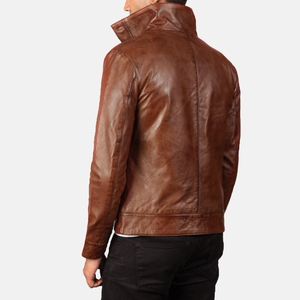 Men's Brown Genuine Leather Jacket Turn-down Collar Zipper Closure Casual Autumn Wear Regular Fit Solid Color Waterproof - Product Image 4