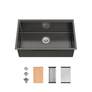Lavello da Cucina Artigianale in Acciaio Inox 30''x19'' a Vasca Singola, da Incasso, con Tagliere e Scolapiatti, Colore Nero - Product Image 1