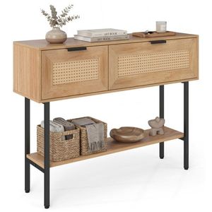 Natural Rattan Console Table with <b>Open</b> Shelf and <b>Storage</b> Cabinets 40 Inch Sturdy Carbon Steel Frame Entryway Table with Li - Product Image 1