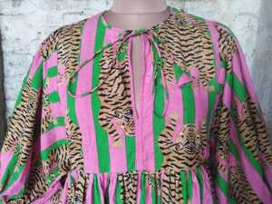 Robe en coton longueur genou, col rond, manches mi-bouffantes, coupe ample, motif animalier imprimé à la main, broderie, tenue quotidienne pour femme - Product Image 6