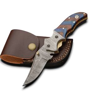 Couteau de poche pliant artisanal DIY en acier Damas, manche en bois de luxe, lame ultra-affûtée, couteau tactique de chasse, étui en cuir, liner OEM - Product Image 1