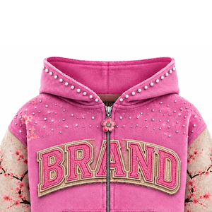 Sweat-shirt surdimensionné rose personnalisé avec fermeture éclair, motif floral de cerisier japonais, manches ornées de strass, style streetwear vintage - Product Image 3