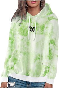 Sweat-shirt à capuche vert tie-dye pour femme avec imprimé papillon, poche avant, manches longues, tricoté, décontracté, pour le printemps - Product Image 5