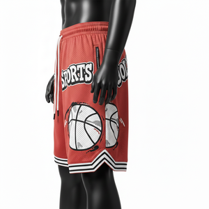 Short de basketball en maille polyester premium 180 GSM, couleur rouge, avec patch en chenille et panneau à rayures imprimées à l'écran - Product Image 3