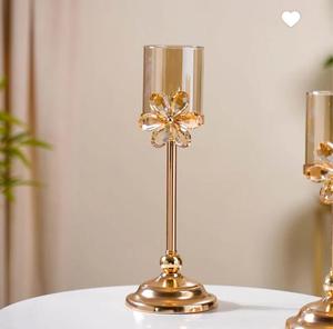 Golden Metal <b>Candlestick</b> Holder with Crystal Flower Design Cylindrical Shape Home Decoration - Product Image 1