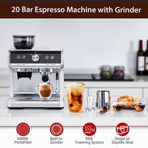 Machine à expresso semi-automatique, pression de 20 bars, 30 réglages de mouture, buse vapeur pour mousse de lait - Product Image 5