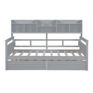 Divano letto singolo grigio con supporto a doghe in legno e mensole laterali, due cassetti - Product Image 3