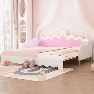 Moderna Divanetto Letto Singolo Bianco Estensibile con Luci LED, Testiera a Corona e Design Imbottito Stile Principessa per Arredamento Bambini e Neonati - Product Image 1