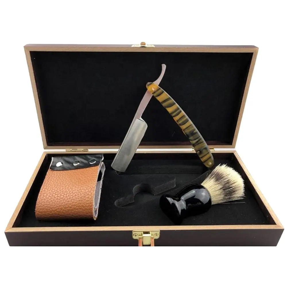 Kit de barbeador de aço 440, kit de barbeador de aço para corte de garganta reta, escova de barbear, tira de madeira, caixa de presente