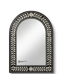Espejo Rectangular de MDF con Incrustaciones de MOP, Diseño Art Deco con Patrón de Hojas en Blanco y Negro, Hecho a Mano, Ecológico, Decoración de Pared de Lujo para Bodas - Product Image 4