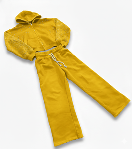 ชุดวอร์มคุณภาพสูงแบบกำหนดเองจากผู้ผลิต กางเกงวอร์มและเสื้อฮู้ดประดับเพชร ชุดวอร์มผ้าฟลีซซิปแบบวินเทจล้างสีสไตล์แอซิดวอช - Product Image 1