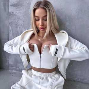 Ensemble de survêtement gris oversize pour femme, léger, avec haut court corset à capuche, pantalon de jogging, fermeture éclair manches longues, couleur unie, décontracté - Product Image 4
