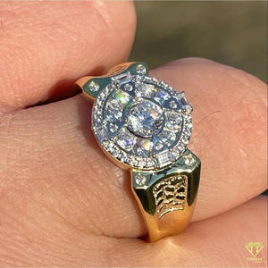 Moissanite Diamond Round Halo Statement <b>Ring</b> for Men Two Tone Yellow White <b>Gold</b> Luxury Iced Out <b>Cocktail</b> <b>Ring</b> - Product Image 3
