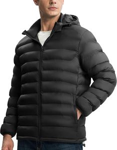 Men's Hooded Bubble <b>Jacket</b> Solid Black Winter Casual <b>Zipper</b> Closure Windproof Breathable Regular Fit 100% Polyester Fiber - Product Image 3