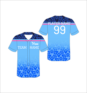 Maillot de baseball personnalisé sublimé, motif géométrique bleu, manches courtes, respirant, uniforme d'équipe unisexe, entièrement boutonné - Product Image 1