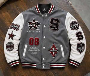 เสื้อแจ็คเก็ตเบสบอลแบบ Varsity Letterman สีเทาขาวสำหรับผู้ชาย พร้อมป้ายปักแบบ OEM ODM - Product Image 6