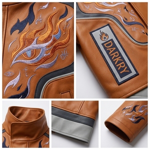 Chaqueta de Cuero Color Coñac para Hombre, con Bordado de Ojo de Fuego, Cuello Alto, Estilo Motero, Racer, Bomber, Ropa de Calle - Product Image 6