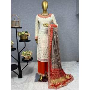 FANTAISIE GEORGETTE BRODERIE TRAVAIL TOP PALAZZO AVEC DUPATTA BLANC - Product Image 1