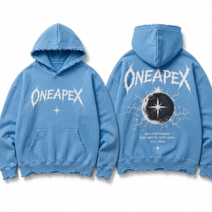 Sudadera con Capucha para Hombre, Azul Claro, Lavada, Desgastada, con Estampado Gráfico, Estilo Urbano Informal - Product Image 2
