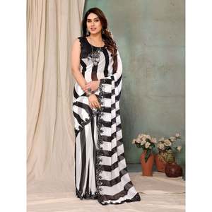 DISEÑADOR GEORGETTE ESPEJO IMPRESO TRABAJO SAREE CON BLUSA SIN COSTAR NEGRO - Product Image 1