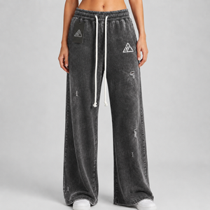 High Quality 100% Cotton Fleece High Street Style Wide Bottom Cargo Trousers Elastic Waist Custom Embroidery Logo Fashionable - Product Image 1