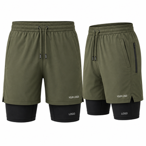 Men's Olive Green Double <b>Layer</b> Sport Shorts With Drawstring Waist And Side Pockets Quick Dry Fabric Custom Logo Front - Product Image 3