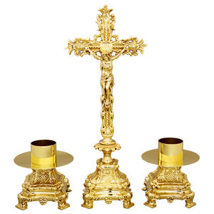 Juego de Cruz y Candelabro para Altar |   Cruz de Altar de Latón para Iglesia con Portavelas - DOUBLE VEE EXPORTS - Product Image 1