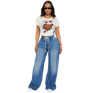 Jean en denim décontracté pour femme, taille mi-haute, coupe large, avec cordon de serrage, respirant, bleu délavé, idéal pour l'été, style streetwear - Product Image 1