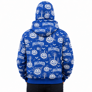 Sweat à capuche unisexe tendance avec masque intégré, motif citrouille d'Halloween bleu, fermeture éclair intégrale, coupe oversize, vente en gros - Product Image 4