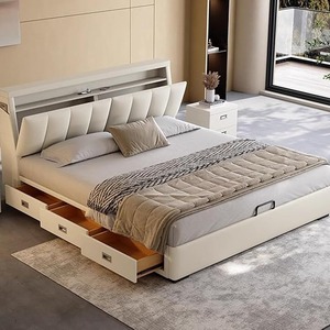 Cama Multifuncional de Cuero Genuino, Moderna, con Plataforma de Almacenamiento, Estructura de Madera Sólida, Fácil de Montar - Product Image 1