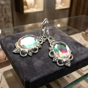 Vintage 925 Silver Drop <b>Earrings</b> With Oval Topaz Gemstone Bezel Setting For Women Party Jewelry - Product Image 2