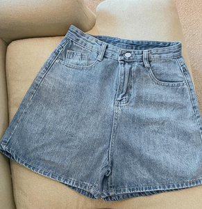 High Waist Denim Shorts Straight Leg Vintage Washed Cotton Casual Summer Shorts with Belt Solid Color - Product Image 2