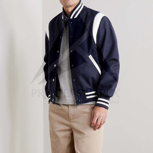 Men's Navy Blue And <b>White</b> Varsity <b>Jacket</b> With Button Front Turn-down Collar Casual Autumn Wear - Product Image 1