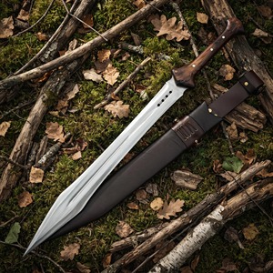 Cuchillo de caza hecho a mano de acero al carbono con mango de madera y funda de cuero, hoja recta de punta caída, herramienta DIY para exteriores - Product Image 1