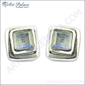 925 Sterling Silver Fine <b>Stud</b> Earrings with Natural Rainbow Moonstone Square Shape Gemstone Earrings - Product Image 2