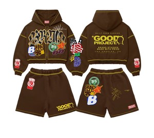 Ensemble court sweat à capuche zippé oversize en molleton bouclette français, avec broderie appliquée personnalisée, strass et effet vieilli, style vintage délavé à l'acide - Product Image 1