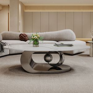 Table basse sculpturale en acier inoxydable avec plateau élégant en marbre - Product Image 5