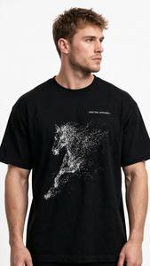 ONETEN APPAREL Camiseta negra de manga corta para hombre con cuello redondo y estampado de caballo - Product Image 2