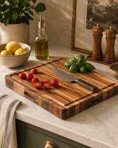 Planche à découper rectangulaire classique en bois avec poignée, en bois naturel, bloc de découpe de cuisine au design minimaliste - Product Image 5