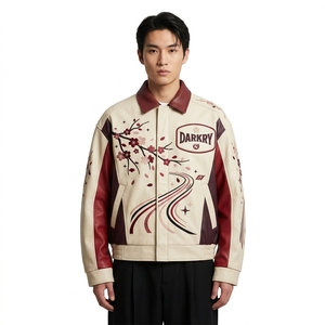 Men's <b>Chinese</b> Style Bomber <b>Jacket</b> With Hand Embroidered Floral Pattern Turn-down Collar Zipper Closure Autumn Wear - Product Image 1