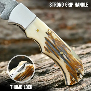 Couteau pliant artisanal en acier Damas : manche en corne de cerf, étui en cuir - Product Image 5