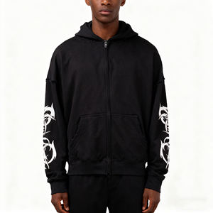 Sweat à capuche zippé surdimensionné pour homme, en coton épais 450g, délavé à l'acide, avec broderie, patch et impression sérigraphiée personnalisée - Product Image 2